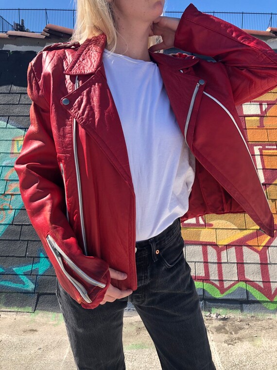 Vintage Red Leather Moto Jacket | Etsy