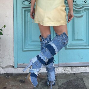 Spaß! Individuell! Levis Denim Patchwork Kniehochhackige Stiefel mit hinteren Anhänger Bild 4