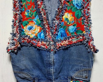 One Of A Kind Repurposed Levi's Denim Floral Vest - Unique Upcycled Jean Vest, Size L