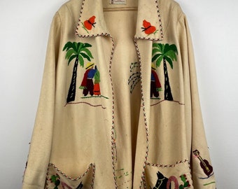 Vintage 1940s 100% Wool Hand Embroidered Mexican Embroidered Folk Art Jacket As-is