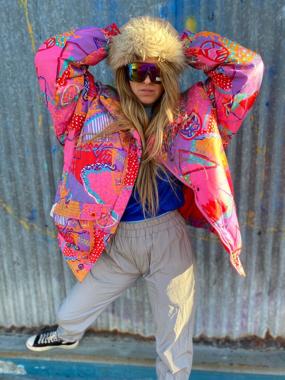 VINTAGE 1980S geometric Print Neon PUFFER Ski Jack