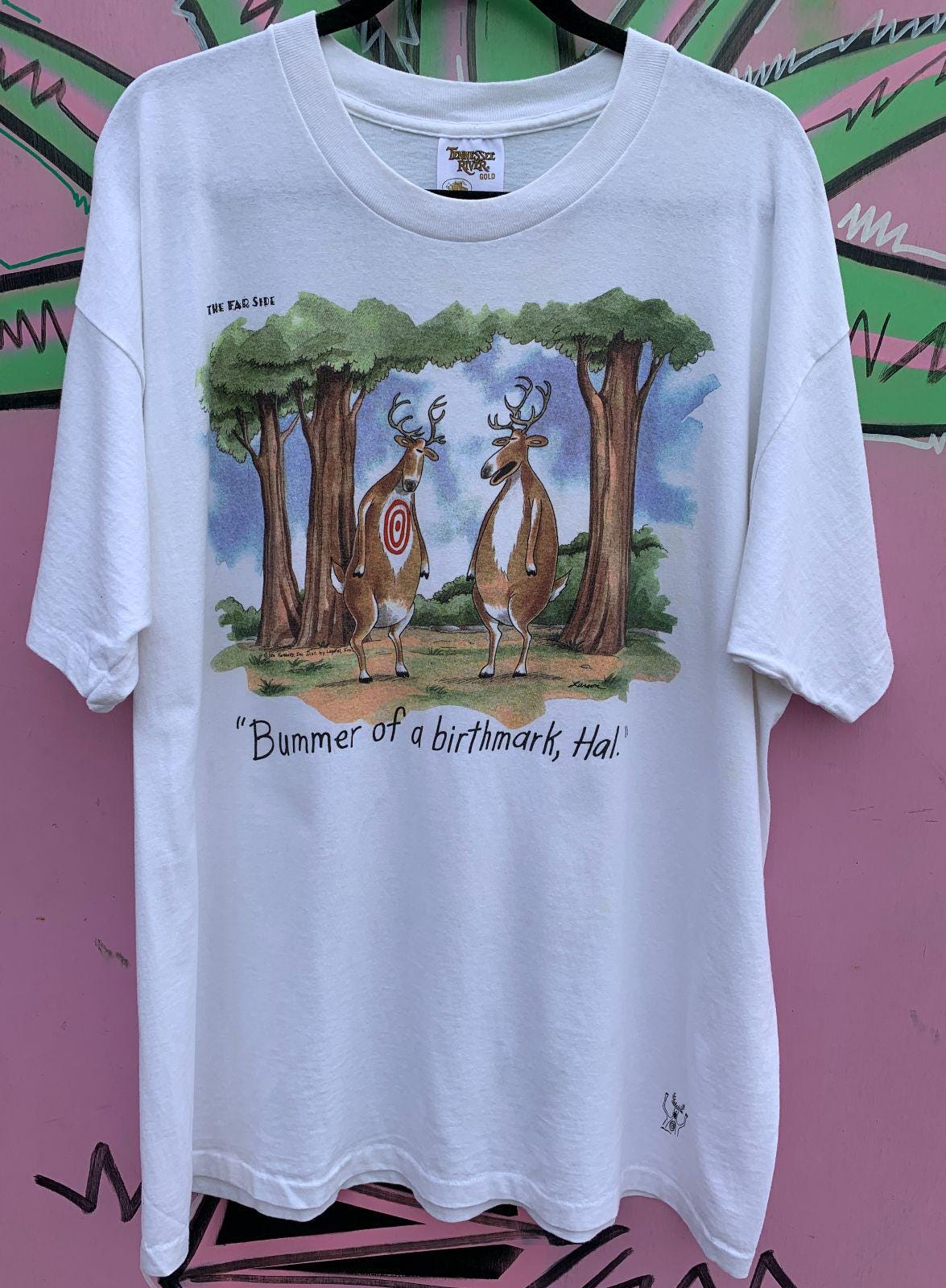 ファーサイドコミックバマーオブアバースマークグラフィックシングルステッチTシャツ