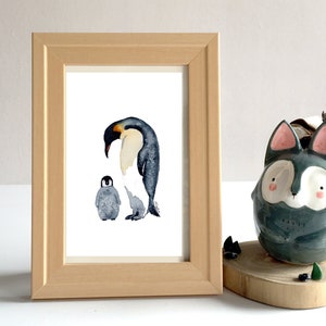 Pinguino Madre e Bambino Animale Acquerello Pittura con Accento d'Oro - Stampa