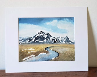 Original Snowy Mountain Landscape Watercolor Painting