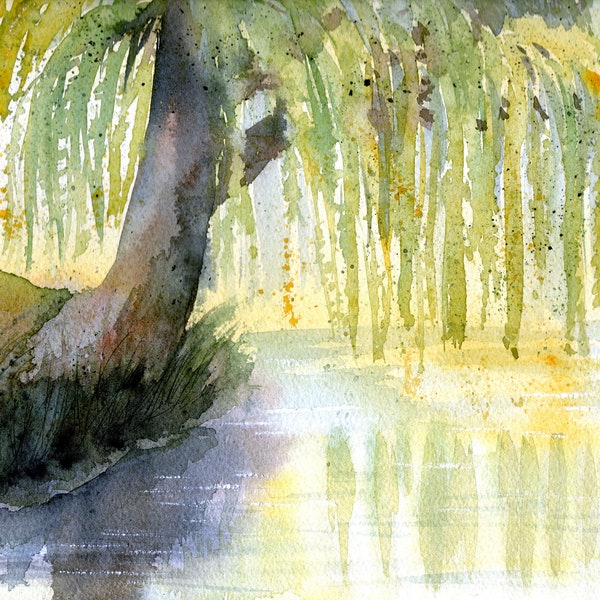 Sunrise Willow Tree - Watercolor Painting - Print