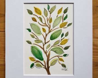 Original Autumn Leaves Watercolor and Ink Painting