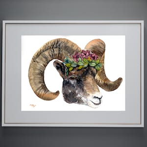 Ariete primaverile con corona di fiori - Spirito Animale Acquerello Pittura - Stampa o Originale
