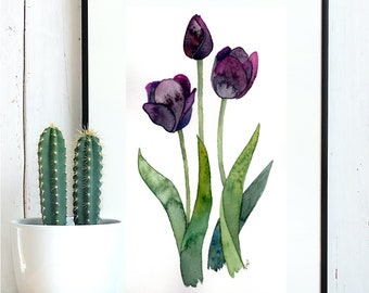Purple Springtime Tulips Watercolor Painting - Print