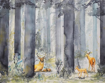 At Peace in the Forest - Watercolor Deer Painting - Print or Original