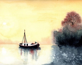 Boat on Sunset Lake Landscape Watercolor Painting - Print or Original