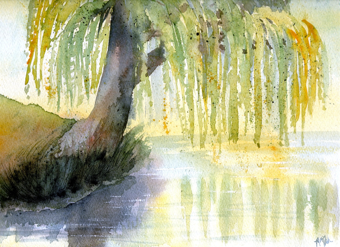 Sunrise Willow Tree Watercolor Painting Print Etsy