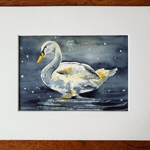 Original Swan on Evening Lake Watercolor Painting