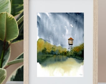 Rainy Day Water Tower - Watercolor Painting - Print or Original