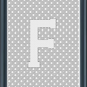 May include: A white letter F is displayed on a black and white geometric pattern background. The letter is outlined in black and is centered on the image.