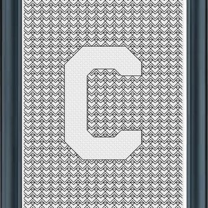 May include: A white letter C in a bold, blocky font, set against a background of a repeating black and white geometric pattern.