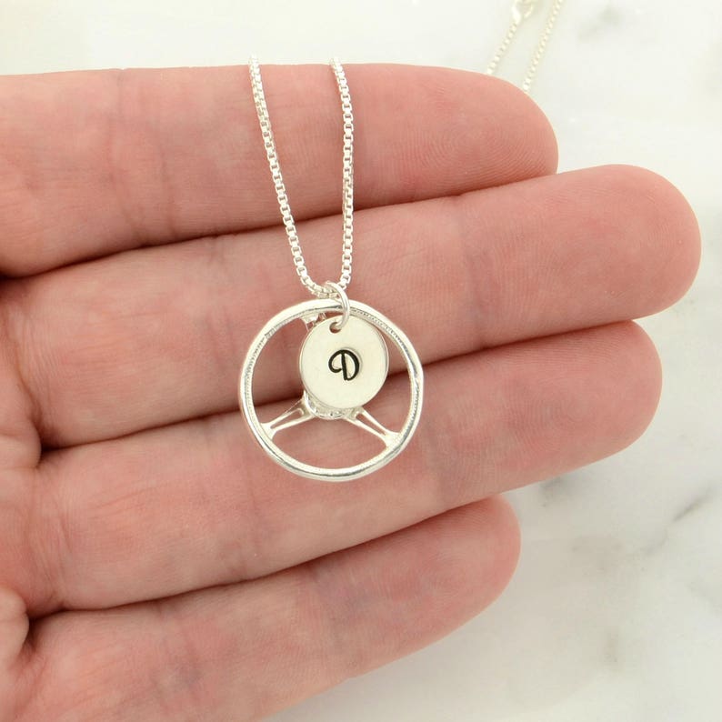 925 Sterling Silver Steering Wheel Pendant Initial Custom Etsy