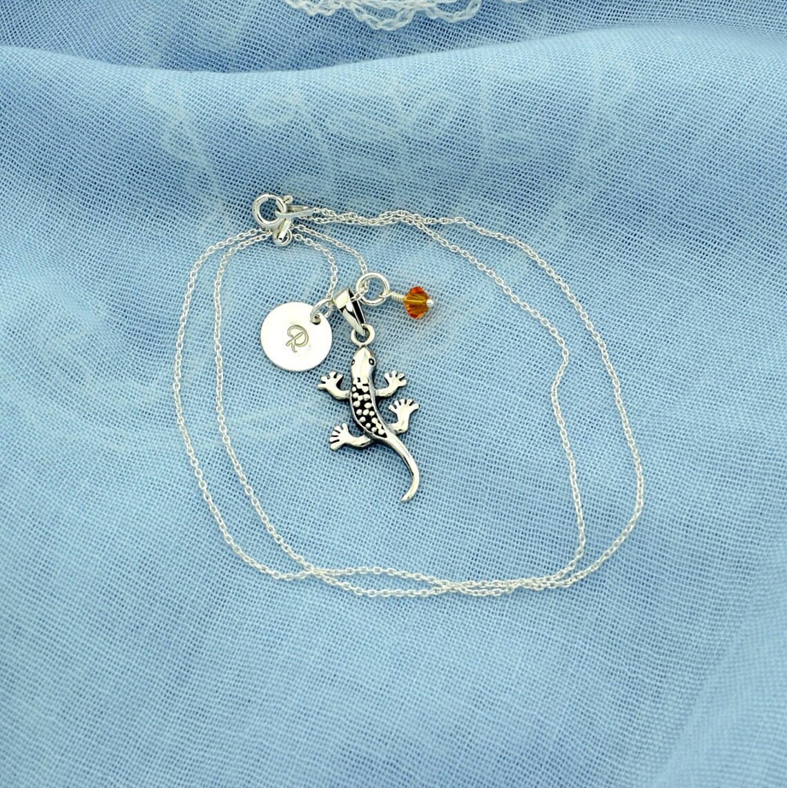 Sterling Silver Lizard Pendant Necklace: Custom Initial, Swarovski ...