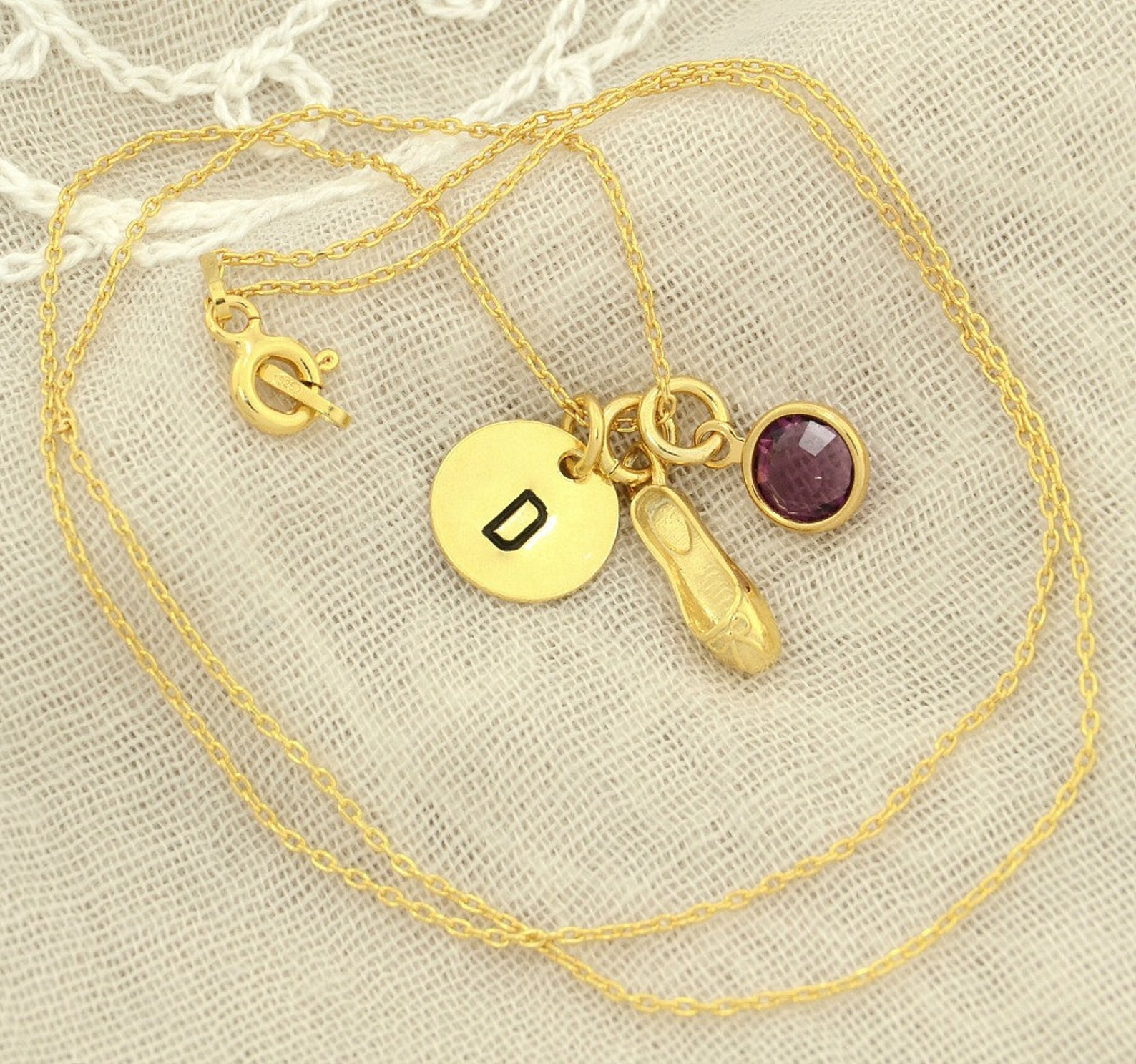 ballet slipper shoe gold sterling silver personalized pendant w swarovski birthstone crystal initial custom letter disc necklace