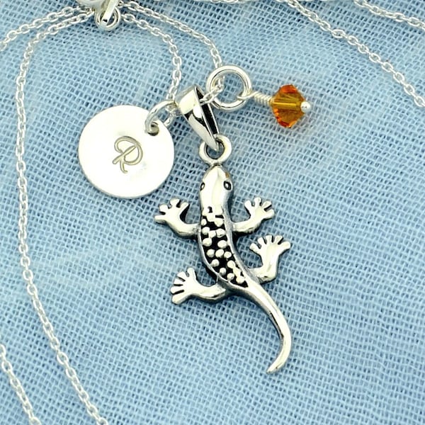 Lizard Gecko Iguana Sterling Silver Personalized Pendant W Swarovski Birthstone Crystal Initial Custom Letter Disc Necklace Chain