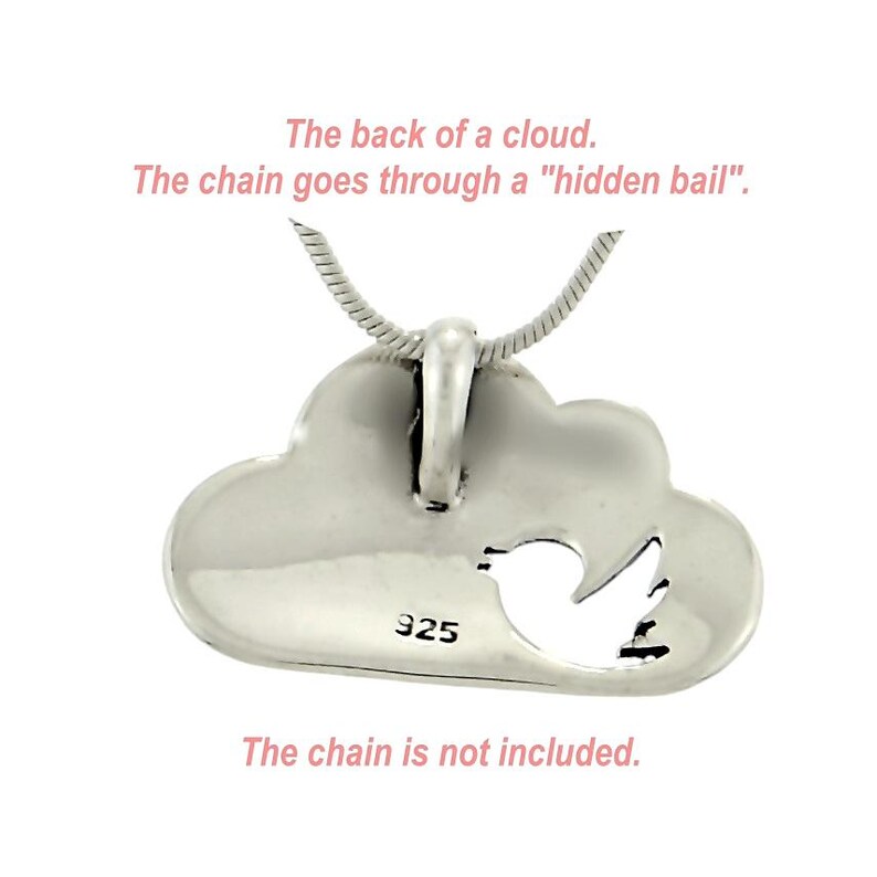 May include: Silver cloud pendant with a bird cut-out. The back of the pendant has the inscription "925". The chain is not included.