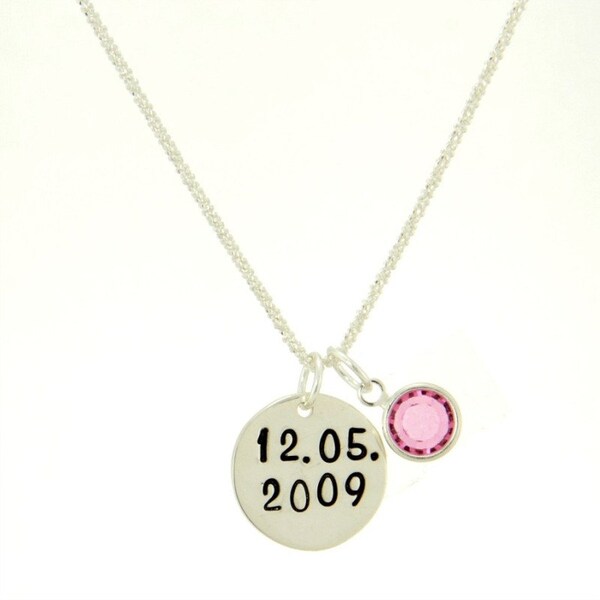 Birthdate Wedding Date Sterling Silver Necklace With Swarovski Birth Month Charm Numeral Pendant Popcorn Chain