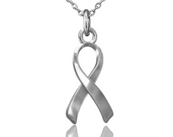 Sterling Silver Awareness Ribbon Pendant: Cancer Charm Necklace