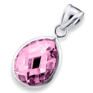 925 Sterling Silver Pink Teardrop Pendant – Pink Cubic Zirconia Pendant, Single Stone Solitaire Cubic Zirconia Pink Faceted Teardrop Jewelry