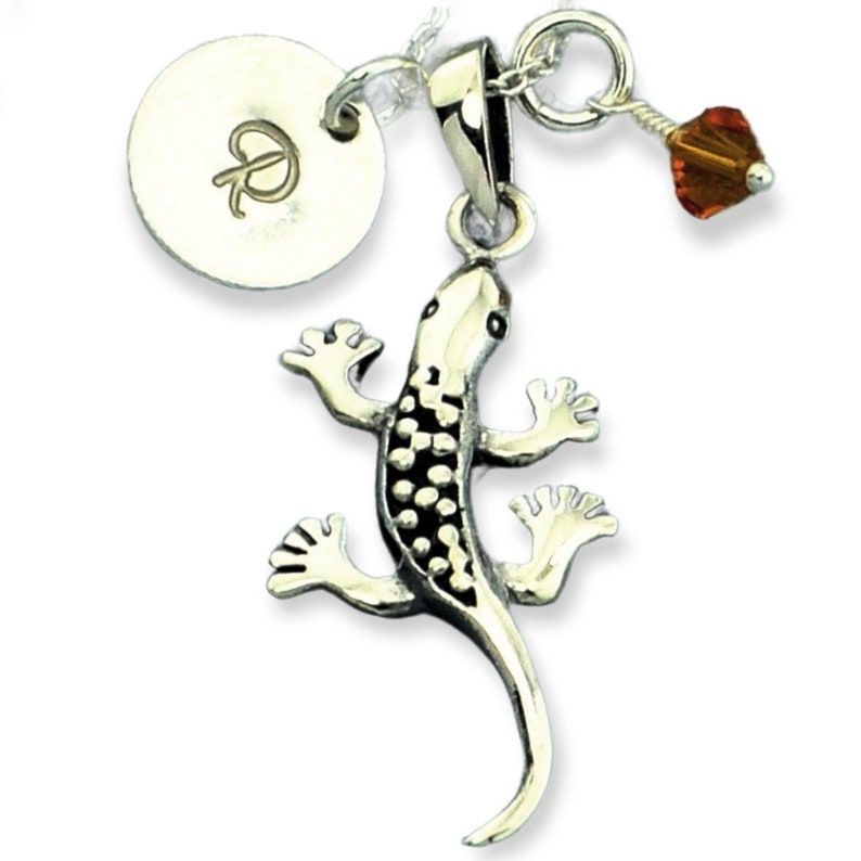 Sterling Silver Lizard Pendant Necklace: Custom Initial, Swarovski ...