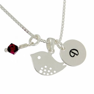Colgante personalizado de plata de ley con forma de pájaro con piedra de nacimiento de Swarovski, inicial de cristal, letra personalizada, disco, collar de pájaro, cadena de caja