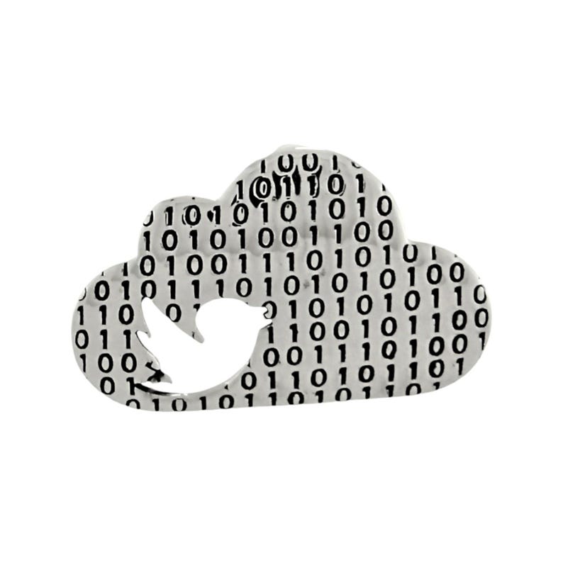 May include: A silver charm shaped like a cloud with a bird cut out of the centre. The cloud is covered in a pattern of 1s and 0s.