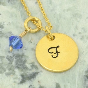Gold Sterling Silver Initial Necklace: Hand Stamped Monogram, Swarovski Birthstone