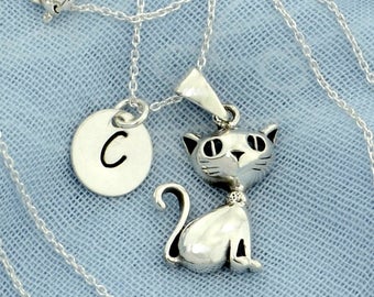 925 Sterling Silver Cat Kitty Pet Pendant Initial Custom Letter Personalized Cat Charm Necklace Chain