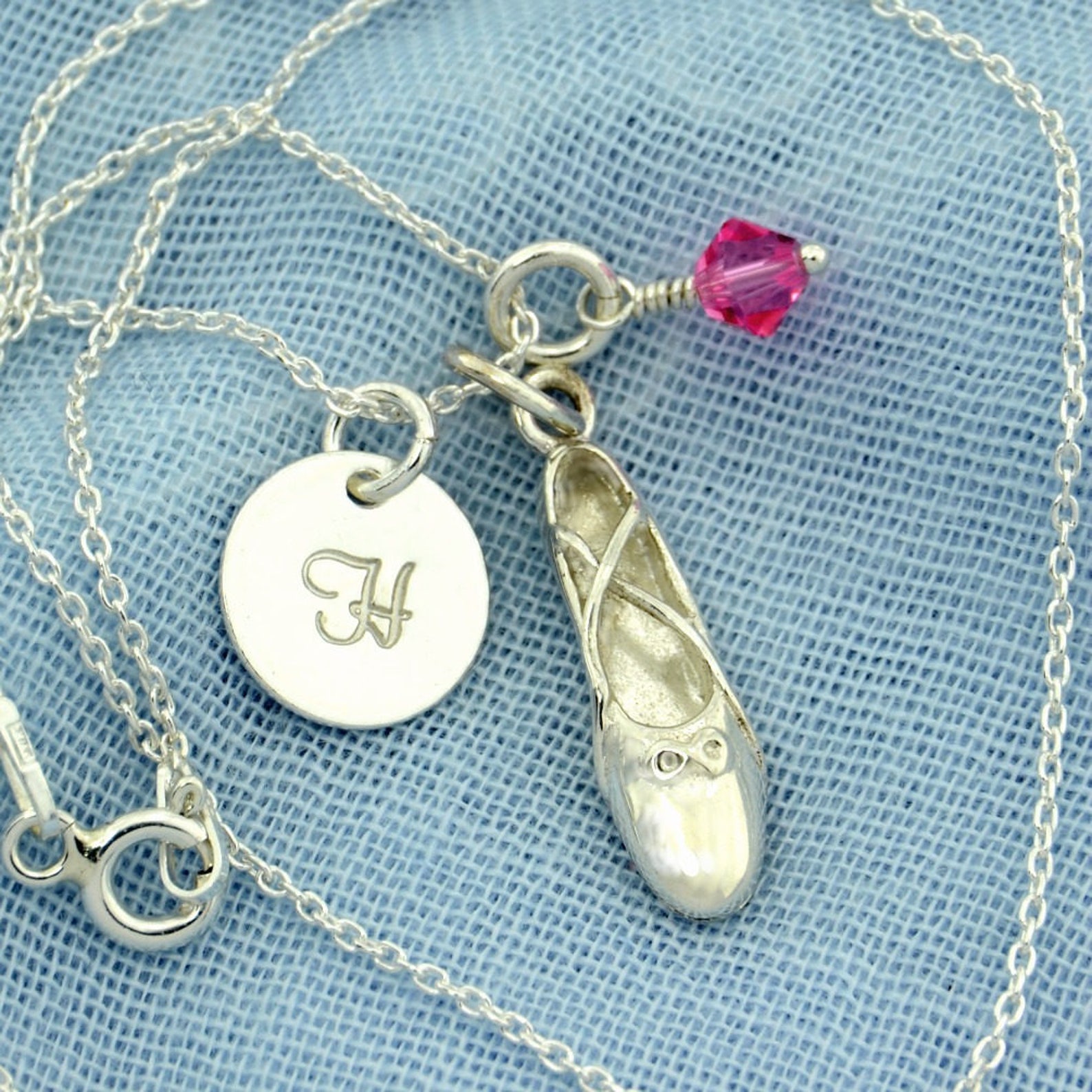 sterling silver ballet slipper shoe personalized pendant w swarovski birthstone crystal initial custom letter disc necklace chai