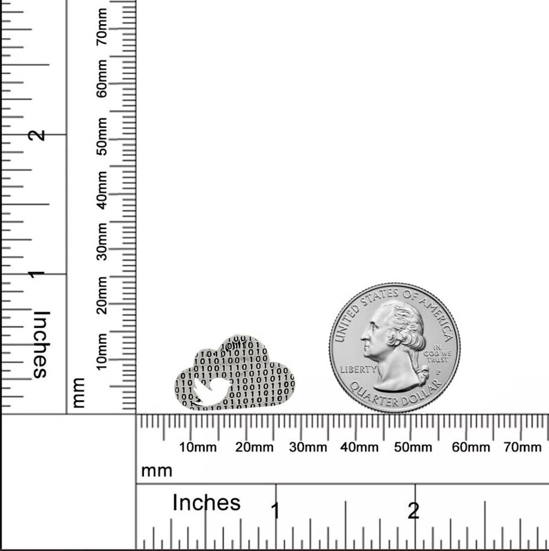 May include: A silver-coloured cloud-shaped charm with a binary code pattern. The charm is approximately 12.5 mm in diameter and is shown next to a US quarter for size comparison.