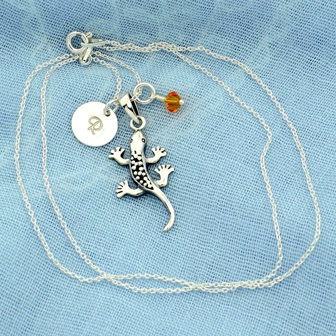Sterling Silver Lizard Pendant Necklace: Custom Initial, Swarovski ...