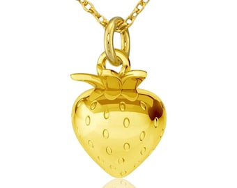 Collier à breloques fraises : pendentif délicat en argent sterling plaqué or