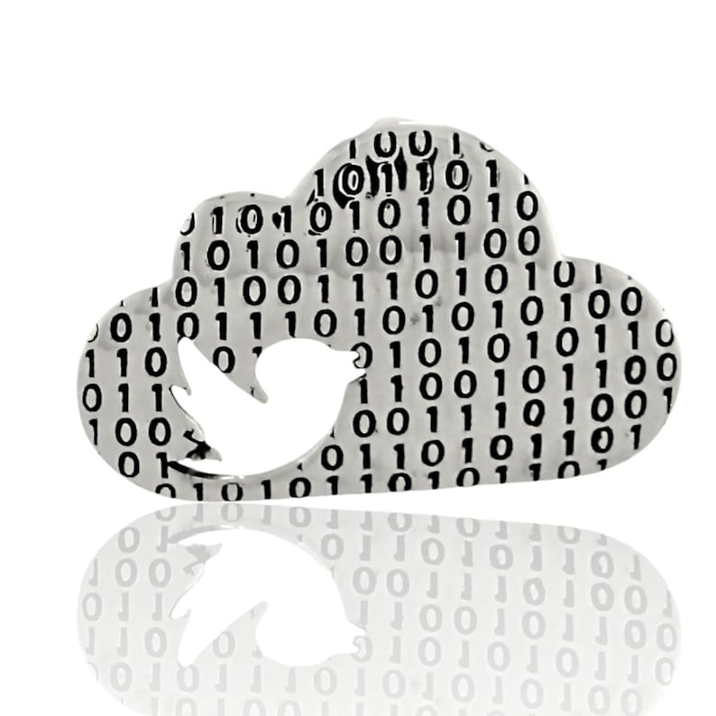 May include: A silver charm shaped like a cloud with a bird cut out of the centre. The cloud is covered in a pattern of 1s and 0s.