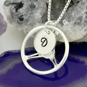 925 Sterling Silver Steering Wheel Pendant Initial Custom Letter Personalized Car Auto Automobile  Charm Necklace Box Chain