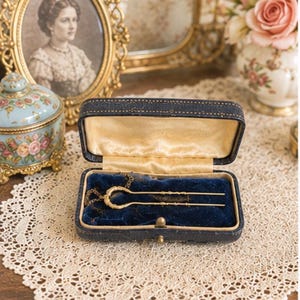 May include: A gold-toned metal hair fork with a U-shaped design and textured detailing, resting inside a rectangular navy blue hinged jewellery box. The interior of the box is lined with deep blue velvet and features a cream-coloured satin lid lining.