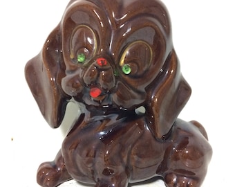 Vintage Kitsch Dachshund Redware Figurine Rhinestone Eyes