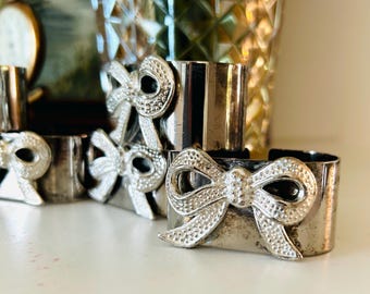Lot of 6 Vintage Silver Plated Napkin Rings with Silver Bows