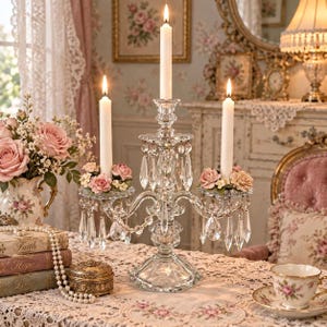 Puede incluir: Un candelabro de cristal transparente con tres brazos que sostienen velas blancas. La estructura presenta prismas de cristal colgantes y está decorada con pequeñas rosas rosas artificiales en la base de cada portavelas, sobre una base de cristal.