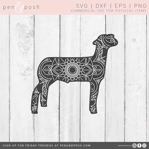 May include: A black and white lamb silhouette with intricate mandala-style patterns. The design is suitable for commercial use on physical items. The image includes text indicating file formats: SVG, DXF, EPS, and PNG.