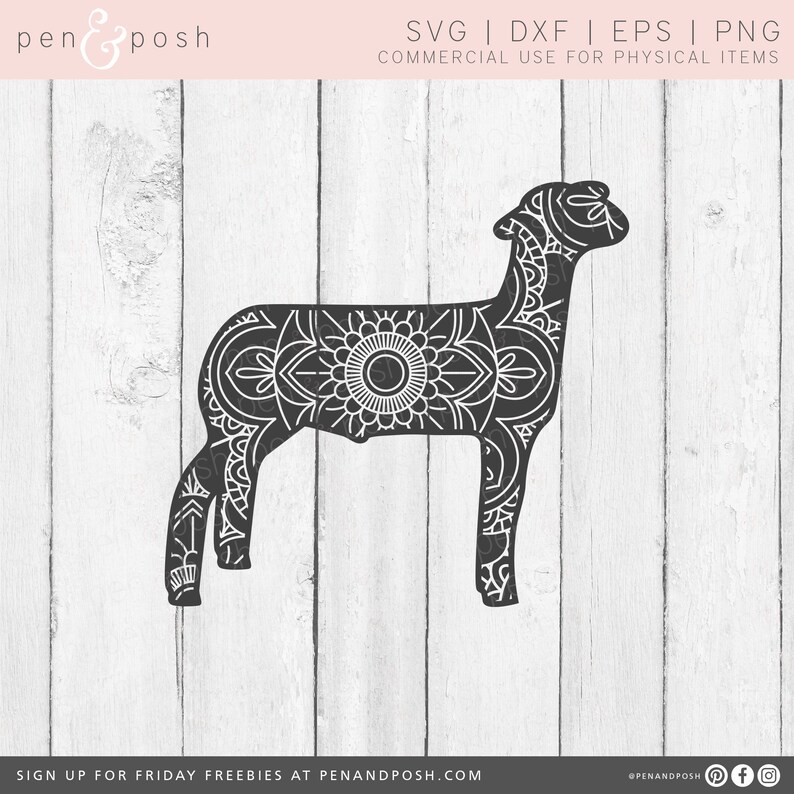 May include: A black and white lamb silhouette with intricate mandala-style patterns. The design is suitable for commercial use on physical items. The image includes text indicating file formats: SVG, DXF, EPS, and PNG.