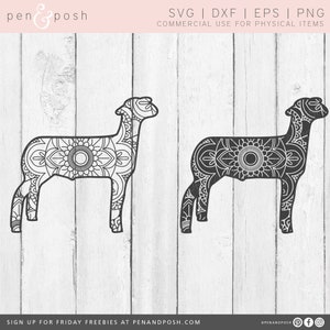 May include: Two detailed lamb illustrations in black and white, featuring intricate mandala-style patterns within their forms. The designs are set against a light wood-grain background. Text at the top indicates file formats: SVG, DXF, EPS, and PNG. The Pen & Posh logo is visible.