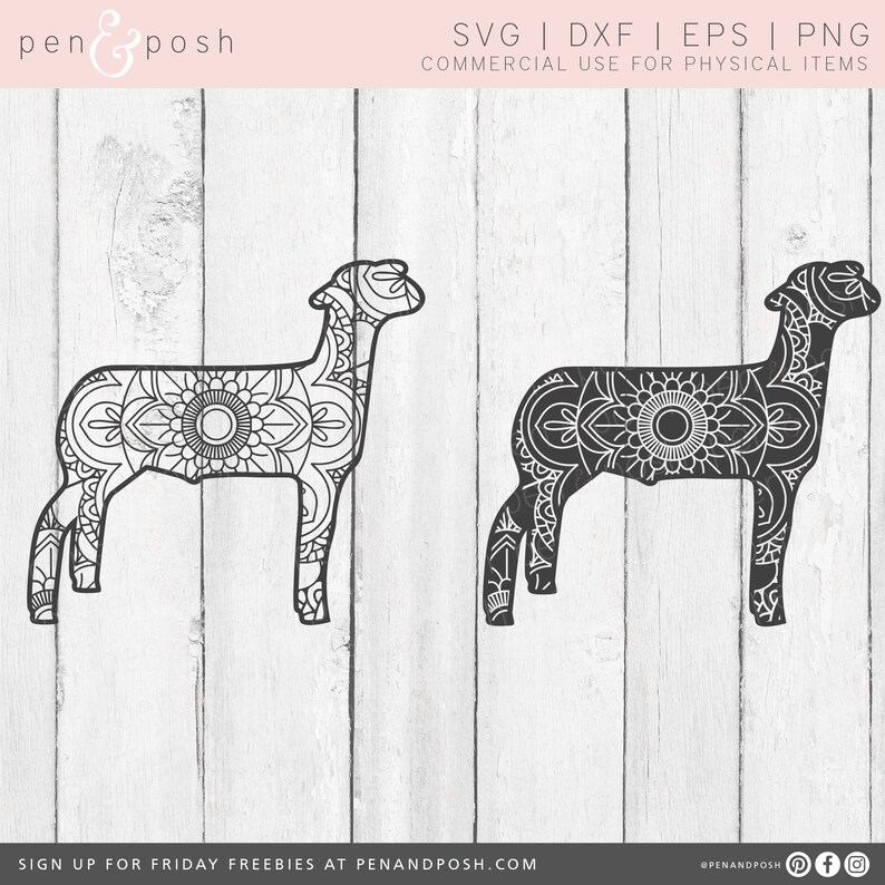 May include: Two detailed lamb illustrations in black and white, featuring intricate mandala-style patterns within their forms. The designs are set against a light wood-grain background. Text at the top indicates file formats: SVG, DXF, EPS, and PNG. The Pen & Posh logo is visible.