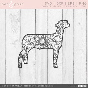 May include: Black and white line art of a sheep with a mandala design. The image is a digital file, with the text "SVG | DXF | EPS | PNG COMMERCIAL USE FOR PHYSICAL ITEMS". The Pen & Posh logo is in the upper left corner.