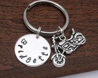 Motorcycle name keyring gift, motorbike keyring, motorcycle name keychain, personalised motorbike gift, hand stamped