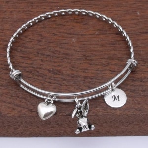 Rabbit head bracelet, personalised rabbit jewellery, rabbit bangle, rabbit gift, personalised jewellery, initial