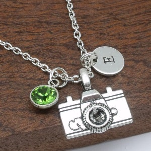 Camera necklace, camera jewellery, camera gift, personalised camera pendant, gift for her, initial, birthstone